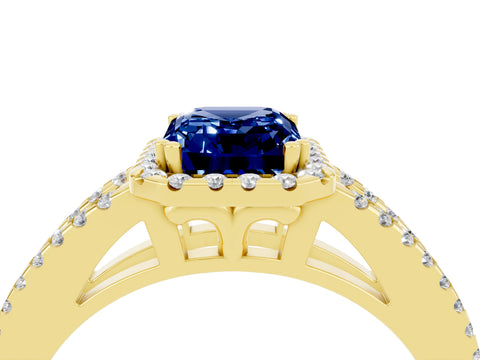 Yellow gold Emerald Cut Blue Sapphire Halo Split Shank Engagement Ring_16