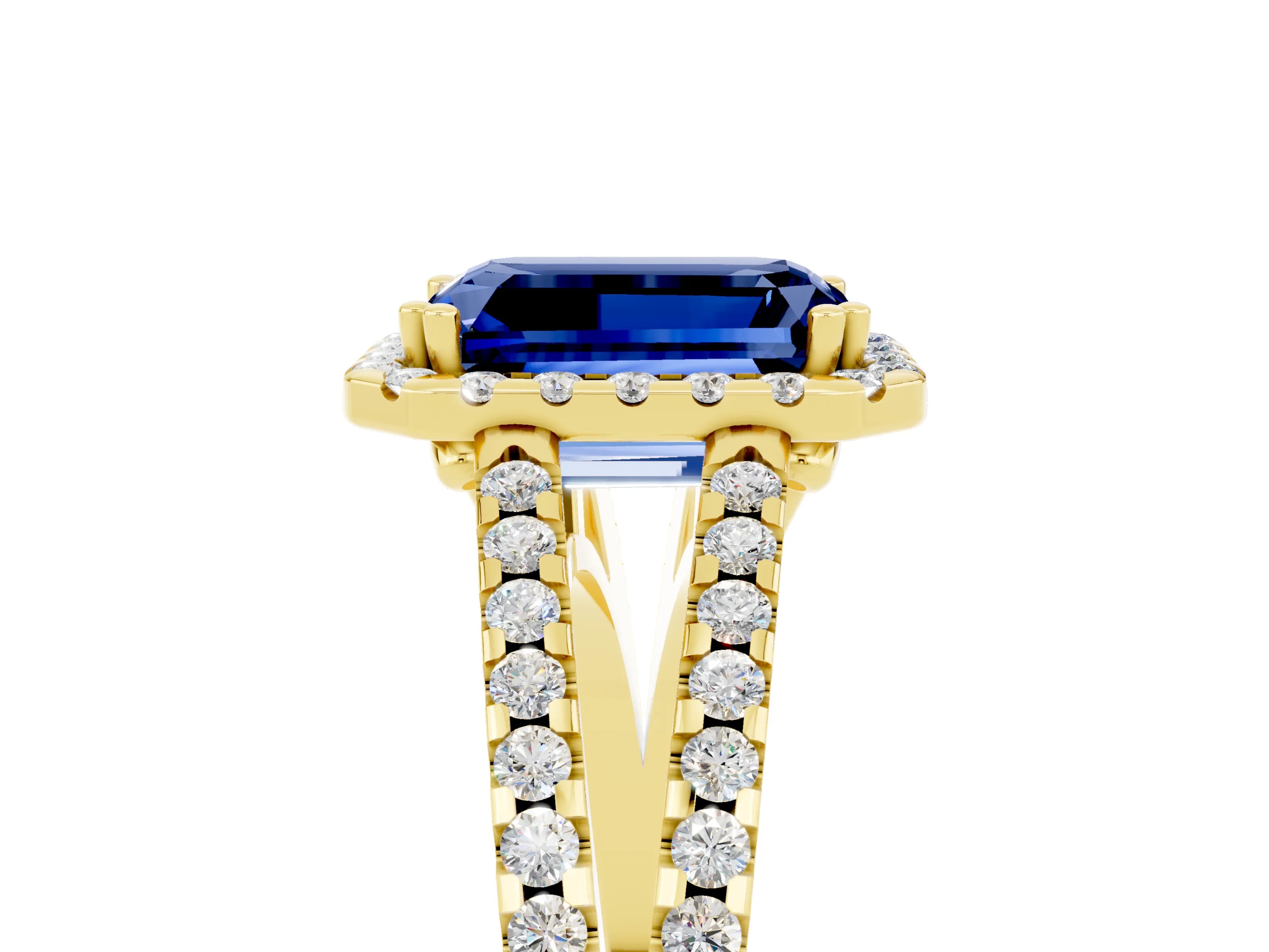 Yellow gold Emerald Cut Blue Sapphire Halo Split Shank Engagement Ring_17
