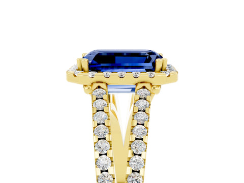 Yellow gold Emerald Cut Blue Sapphire Halo Split Shank Engagement Ring_17