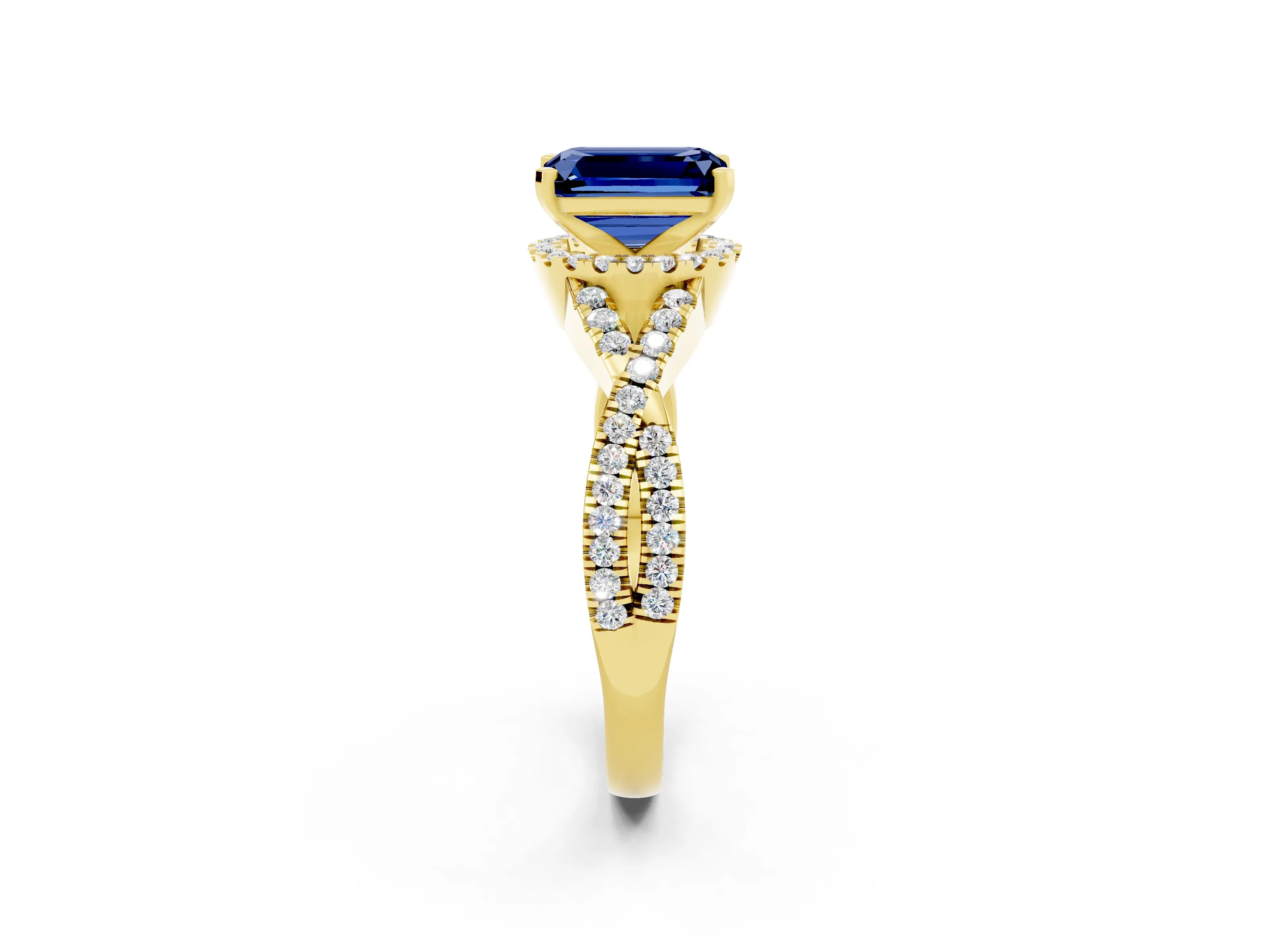 Yellow gold Emerald Cut Blue Sapphire Halo Twist Band Solitaire Prong Setting Ring_2