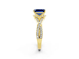 Yellow gold Emerald Cut Blue Sapphire Halo Twist Band Solitaire Prong Setting Ring_2