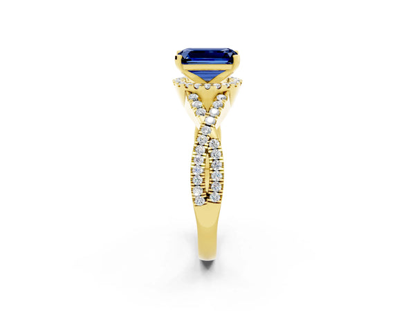 Yellow gold Emerald Cut Blue Sapphire  Halo Twist Band Solitaire Prong Setting Ring