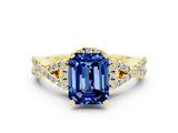 Yellow gold Emerald Cut Blue Sapphire  Halo Twist Band Solitaire Prong Setting Ring_24