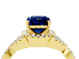 Yellow gold Emerald Cut Blue Sapphire  Halo Twist Band Solitaire Prong Setting Ring_28