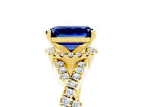 Yellow gold Emerald Cut Blue Sapphire  Halo Twist Band Solitaire Prong Setting Ring_29
