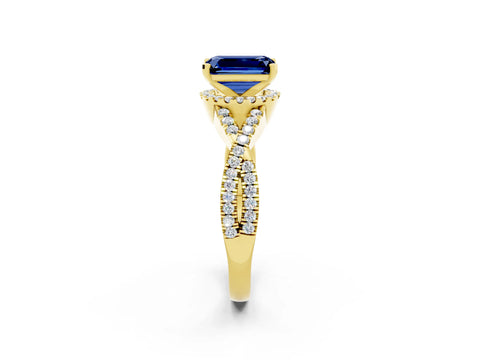Yellow gold Emerald Cut Blue Sapphire Halo Twist Band Solitaire Prong Setting Ring_2