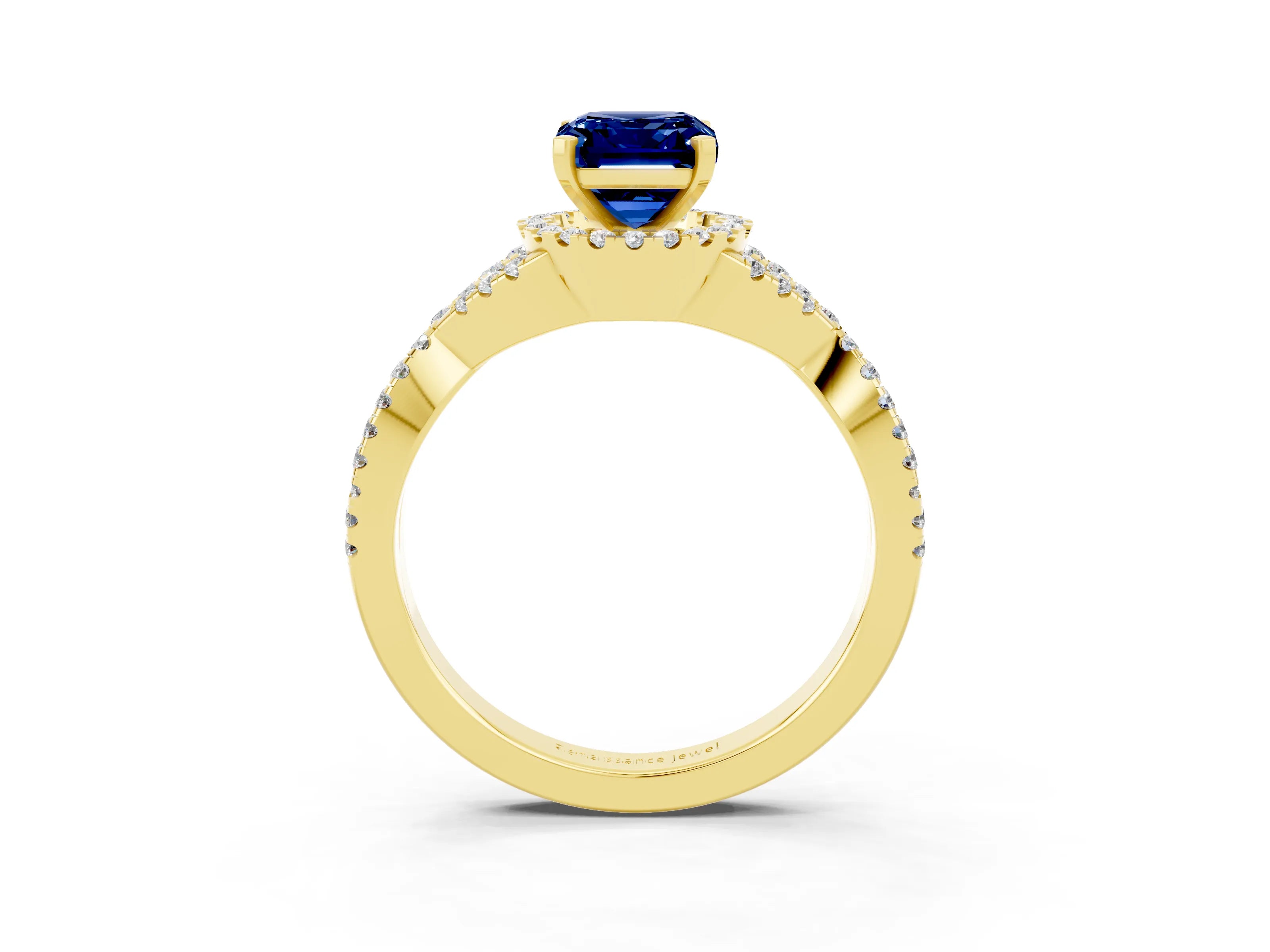 Yellow gold Emerald Cut Blue Sapphire Halo Twist Band Solitaire Prong Setting Ring_3