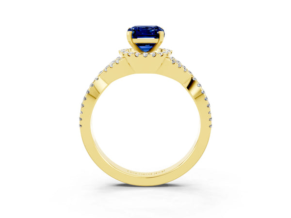 Yellow gold Emerald Cut Blue Sapphire  Halo Twist Band Solitaire Prong Setting Ring