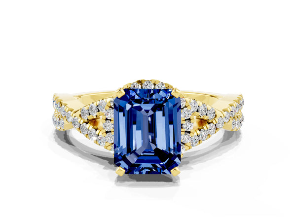 Yellow gold Emerald Cut Blue Sapphire  Halo Twist Band Solitaire Prong Setting Ring