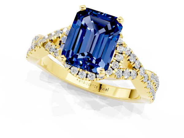 Yellow gold Emerald Cut Blue Sapphire  Halo Twist Band Solitaire Prong Setting Ring