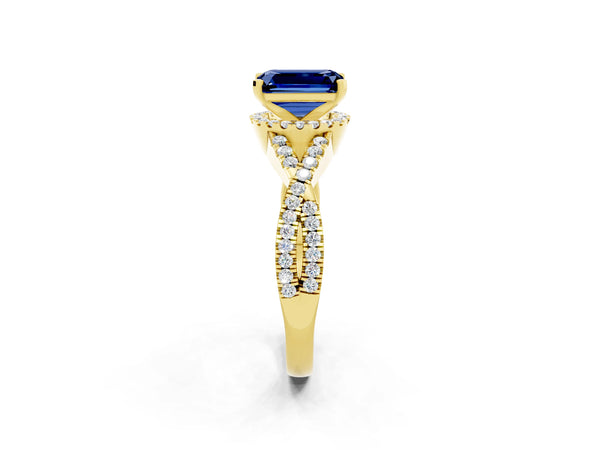 Yellow gold Emerald Cut Blue Sapphire  Halo Twist Band Solitaire Prong Setting Ring