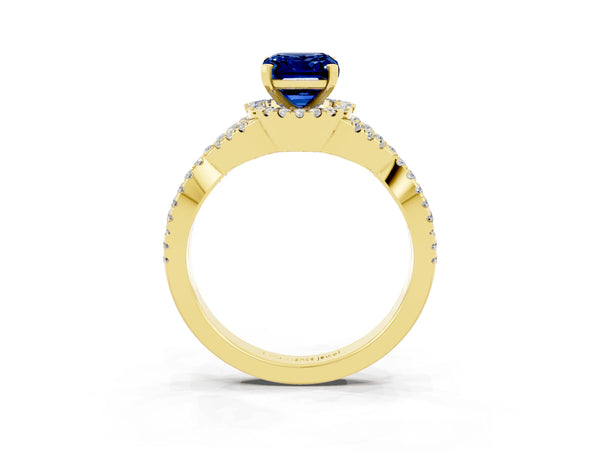 Yellow gold Emerald Cut Blue Sapphire  Halo Twist Band Solitaire Prong Setting Ring