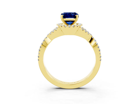 Yellow gold Emerald Cut Blue Sapphire Halo Twist Band Solitaire Prong Setting Ring_3