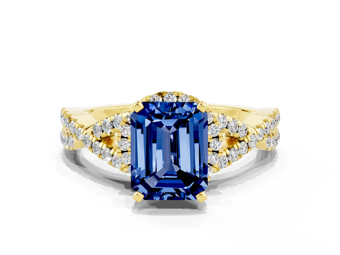 Yellow gold Emerald Cut Blue Sapphire  Halo Twist Band Solitaire Prong Setting Ring_42