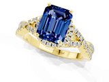 Yellow gold Emerald Cut Blue Sapphire  Halo Twist Band Solitaire Prong Setting Ring_43