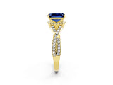 Yellow gold Emerald Cut Blue Sapphire  Halo Twist Band Solitaire Prong Setting Ring_44