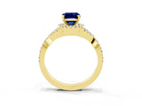Yellow gold Emerald Cut Blue Sapphire  Halo Twist Band Solitaire Prong Setting Ring_45