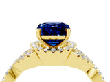 Yellow gold Emerald Cut Blue Sapphire  Halo Twist Band Solitaire Prong Setting Ring_46