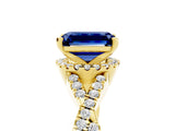 Yellow gold Emerald Cut Blue Sapphire  Halo Twist Band Solitaire Prong Setting Ring_47