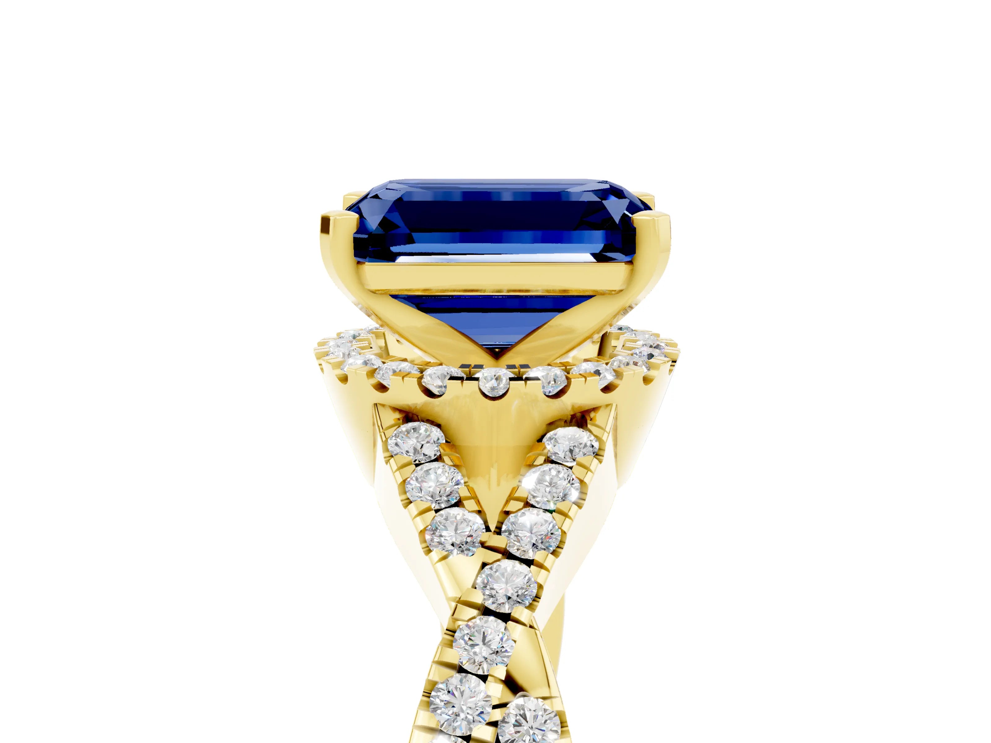 Yellow gold Emerald Cut Blue Sapphire Halo Twist Band Solitaire Prong Setting Ring_5