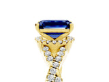 Yellow gold Emerald Cut Blue Sapphire Halo Twist Band Solitaire Prong Setting Ring_5