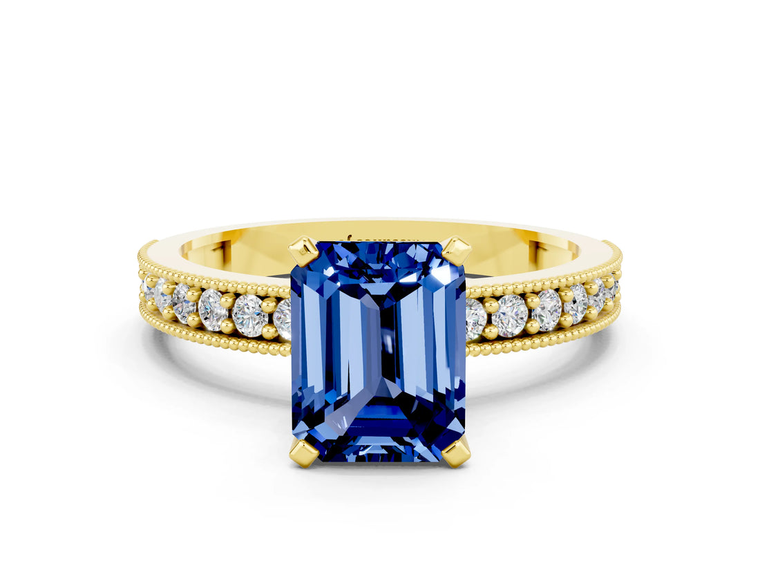 Yellow gold Emerald Cut Blue Sapphire Milgrain Pavé Engagement Ring with Four-Prong Setting_12