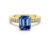 Yellow gold Emerald Cut Blue Sapphire Milgrain Pavé Engagement Ring with Four-Prong Setting_12