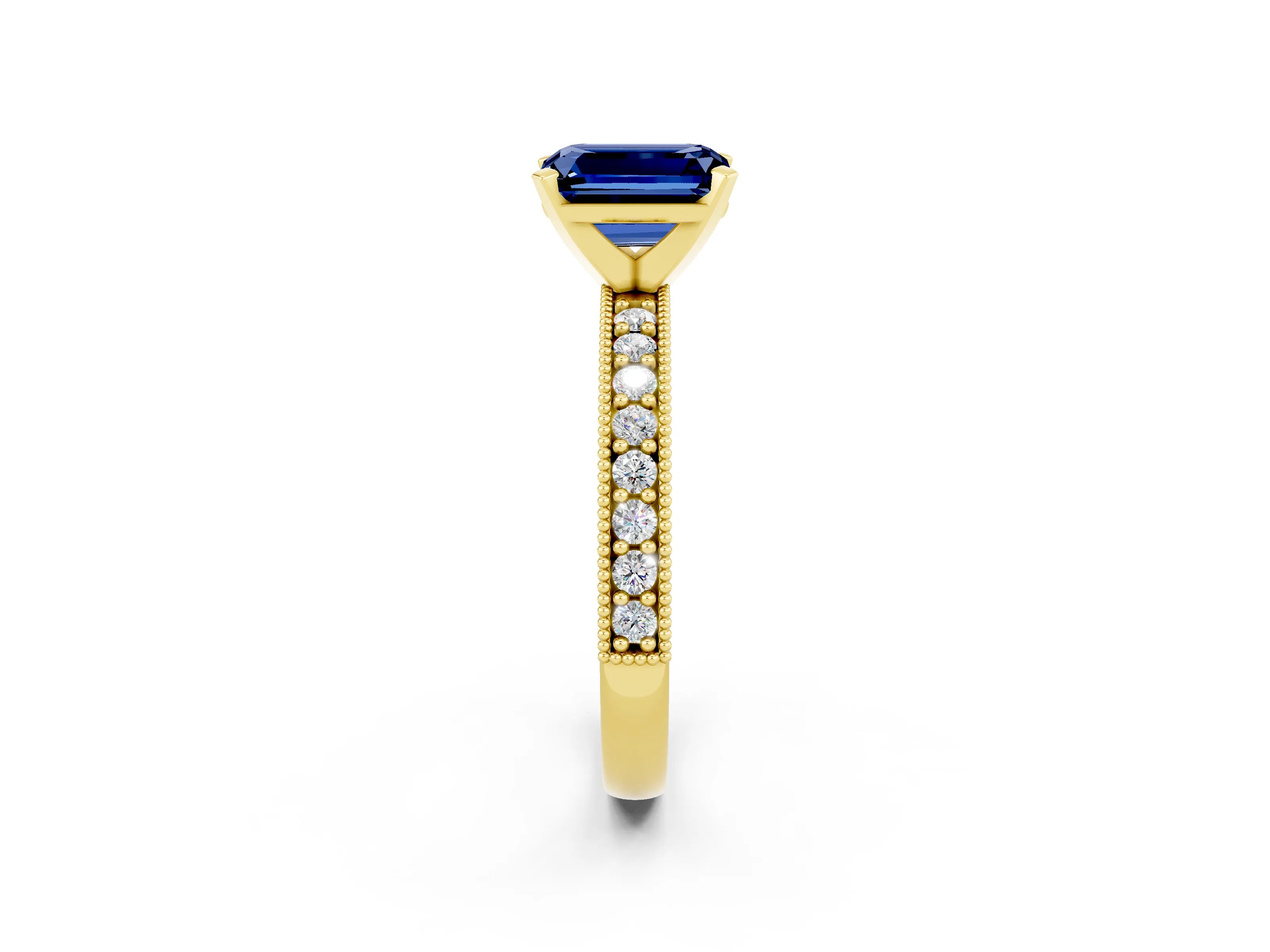 Yellow gold Emerald Cut Blue Sapphire Milgrain Pavé Engagement Ring with Four-Prong Setting_14