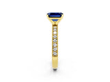 Yellow gold Emerald Cut Blue Sapphire Milgrain Pavé Engagement Ring with Four-Prong Setting_14
