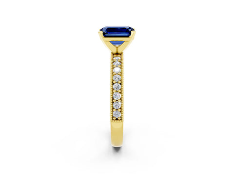 Yellow gold Emerald Cut Blue Sapphire Milgrain Pavé Engagement Ring with Four-Prong Setting_14