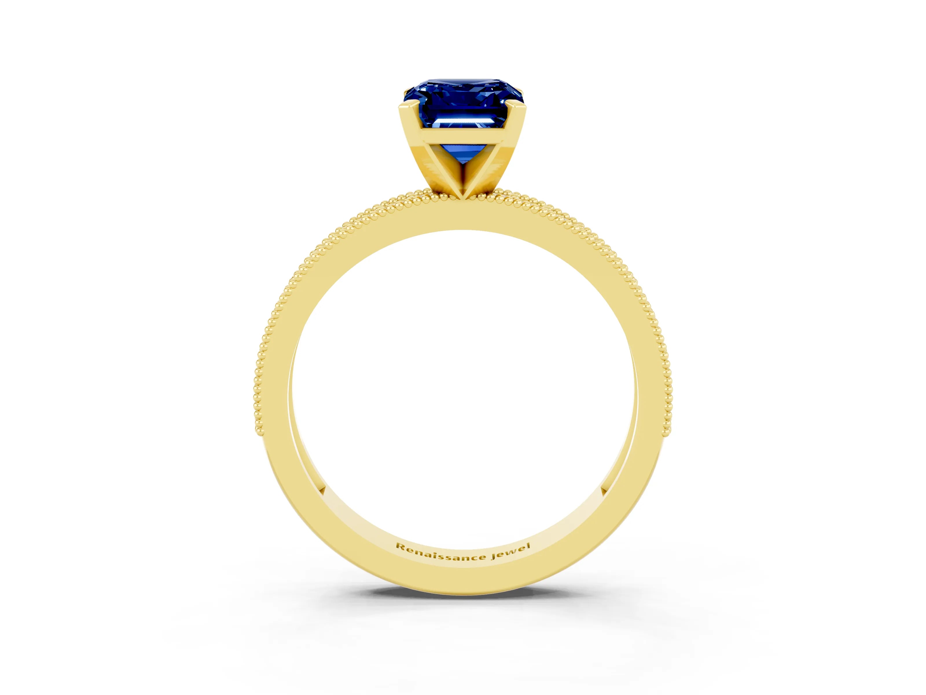 Yellow gold Emerald Cut Blue Sapphire Milgrain Pavé Engagement Ring with Four-Prong Setting_15