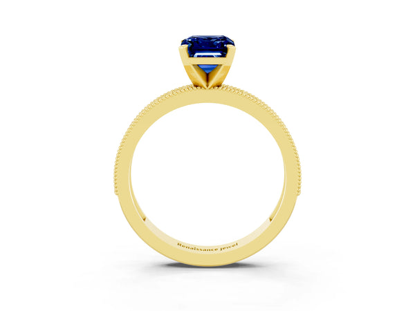 Yellow gold Emerald Cut Blue Sapphire Milgrain Pavé Engagement Ring with Four-Prong Setting
