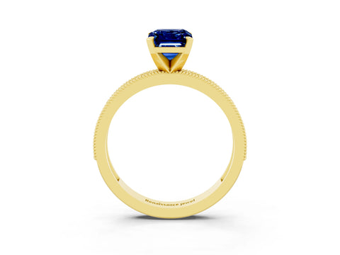Yellow gold Emerald Cut Blue Sapphire Milgrain Pavé Engagement Ring with Four-Prong Setting_15
