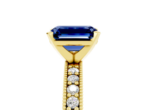 Yellow gold Emerald Cut Blue Sapphire Milgrain Pavé Engagement Ring with Four-Prong Setting_17
