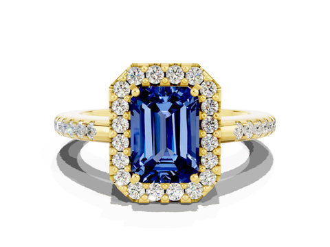 Yellow gold Emerald Cut Blue Sapphire Pavé Halo Ring with Four-Prong Setting_12