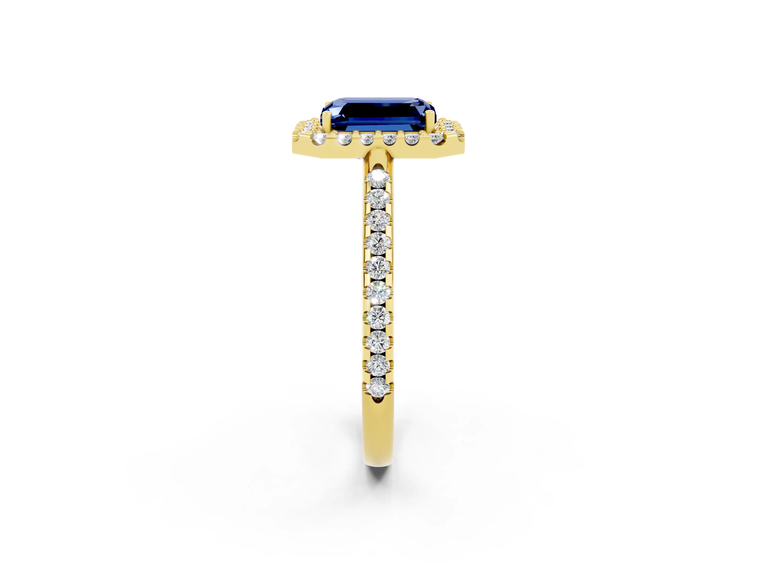 Yellow gold Emerald Cut Blue Sapphire Pavé Halo Ring with Four-Prong Setting_14
