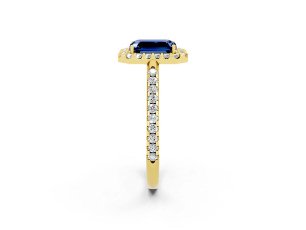 Yellow gold Emerald Cut Blue Sapphire Pavé Halo Ring with Four-Prong Setting
