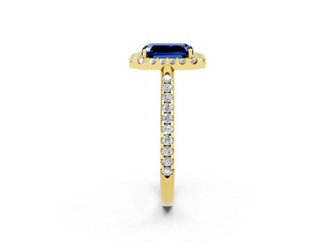 Yellow gold Emerald Cut Blue Sapphire Pavé Halo Ring with Four-Prong Setting_14