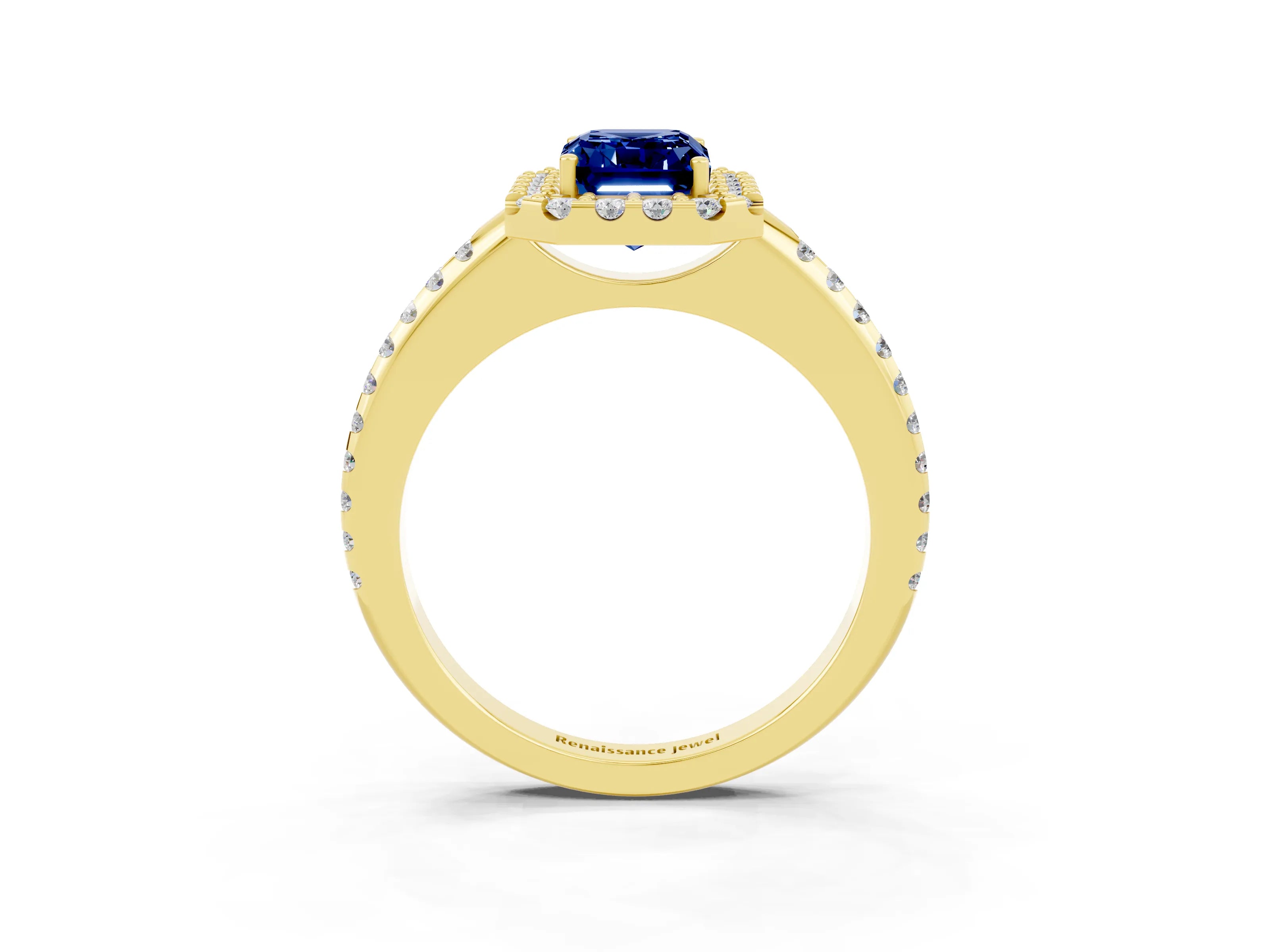 Yellow gold Emerald Cut Blue Sapphire Pavé Halo Ring with Four-Prong Setting_15