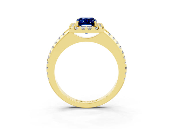 Yellow gold Emerald Cut Blue Sapphire Pavé Halo Ring with Four-Prong Setting