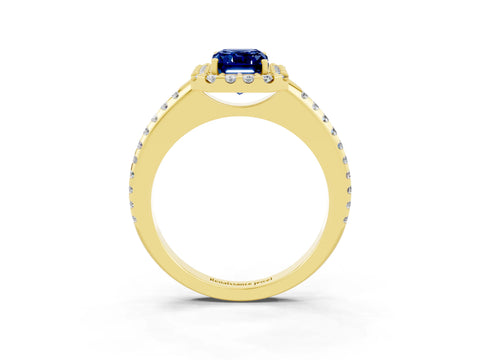 Yellow gold Emerald Cut Blue Sapphire Pavé Halo Ring with Four-Prong Setting_15