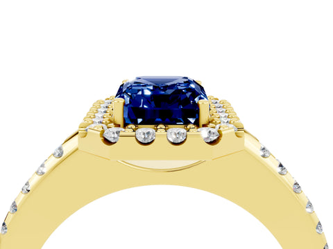 Yellow gold Emerald Cut Blue Sapphire Pavé Halo Ring with Four-Prong Setting_16