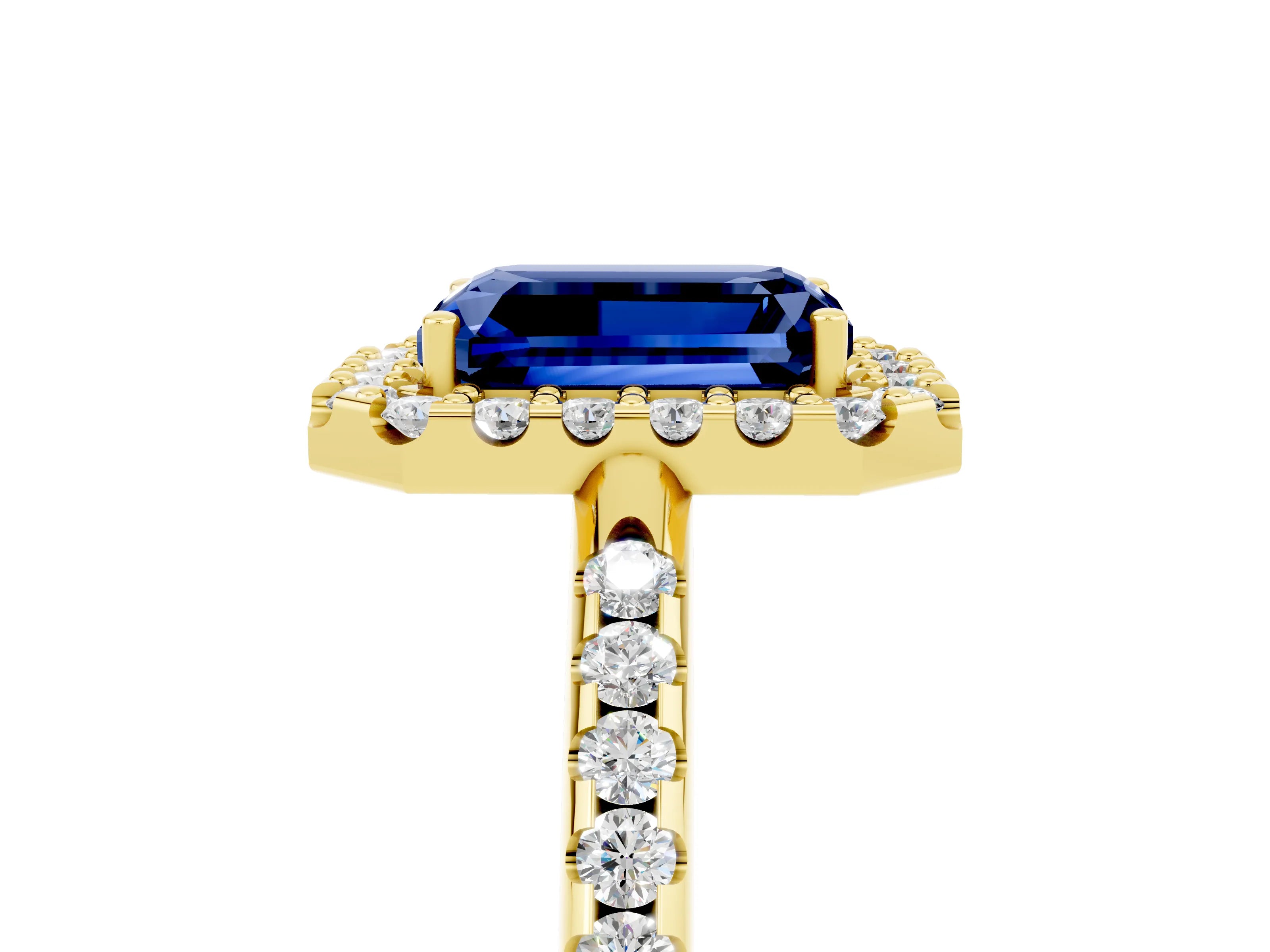 Yellow gold Emerald Cut Blue Sapphire Pavé Halo Ring with Four-Prong Setting_17
