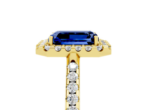 Yellow gold Emerald Cut Blue Sapphire Pavé Halo Ring with Four-Prong Setting_17