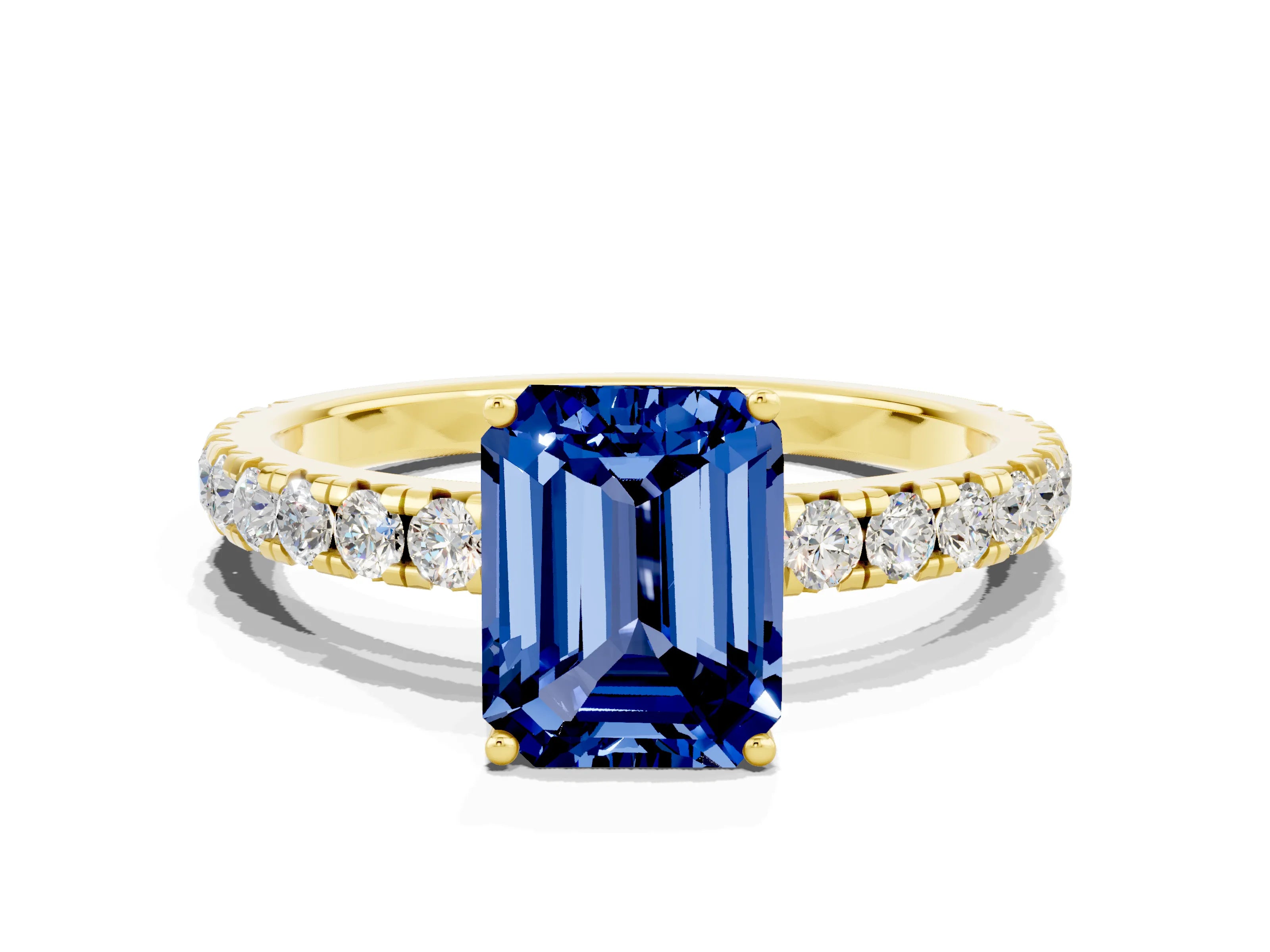 Yellow gold Emerald Cut Blue Sapphire Pavé Solitaire Engagement Ring with Four-Prong Setting_12