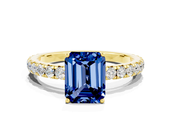 Yellow gold Emerald Cut Blue Sapphire Pavé Solitaire Engagement Ring with Four-Prong Setting