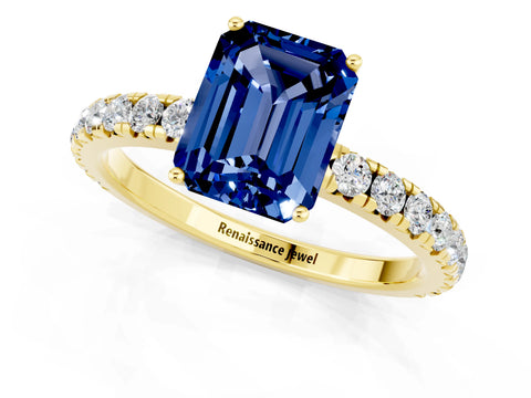 Yellow gold Emerald Cut Blue Sapphire Pavé Solitaire Engagement Ring with Four-Prong Setting_13