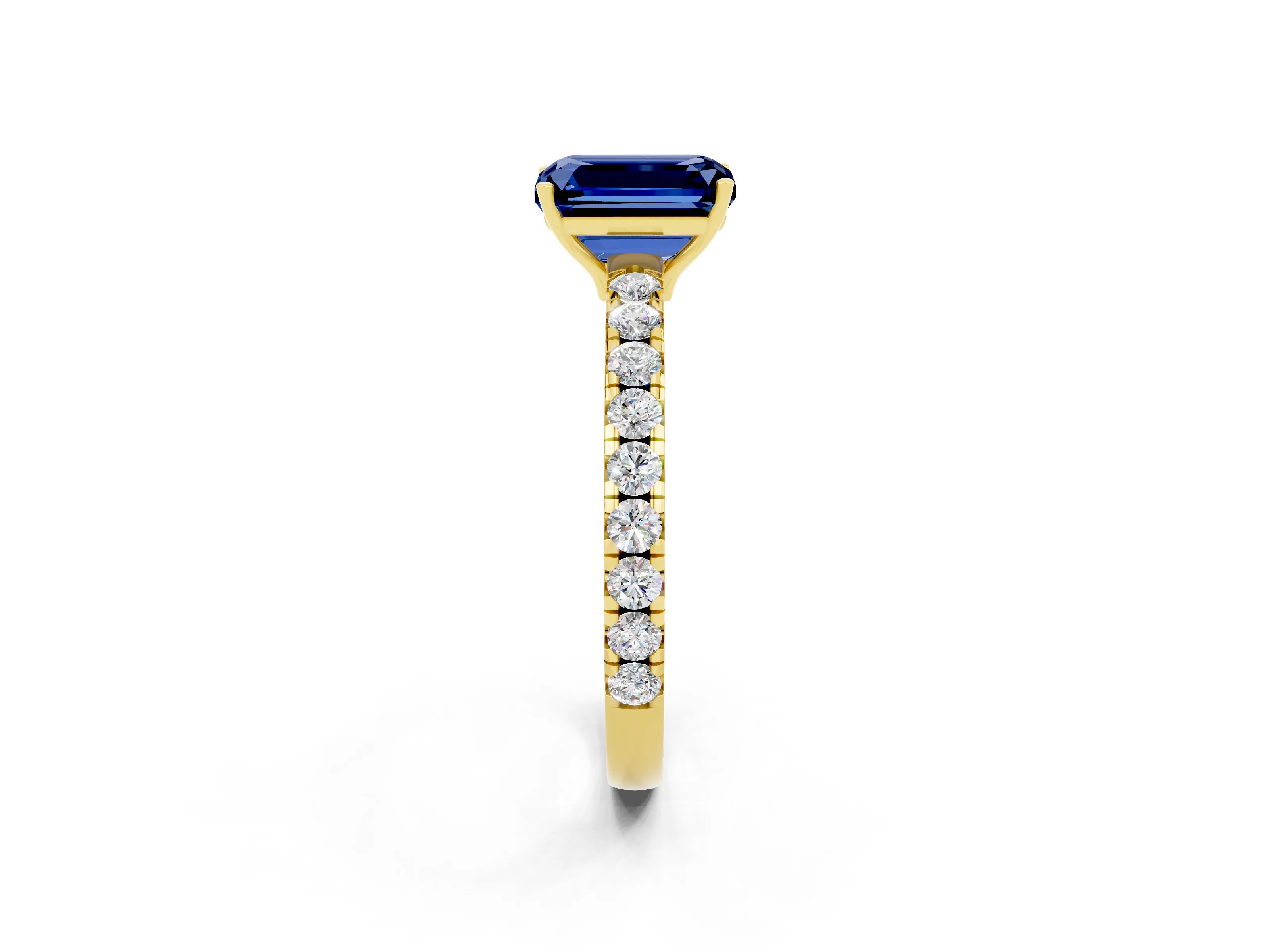 Yellow gold Emerald Cut Blue Sapphire Pavé Solitaire Engagement Ring with Four-Prong Setting_14