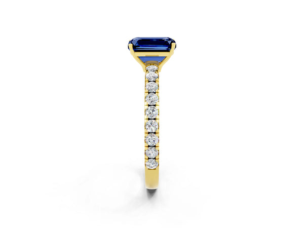 Yellow gold Emerald Cut Blue Sapphire Pavé Solitaire Engagement Ring with Four-Prong Setting