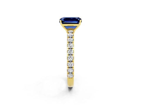 Yellow gold Emerald Cut Blue Sapphire Pavé Solitaire Engagement Ring with Four-Prong Setting_14